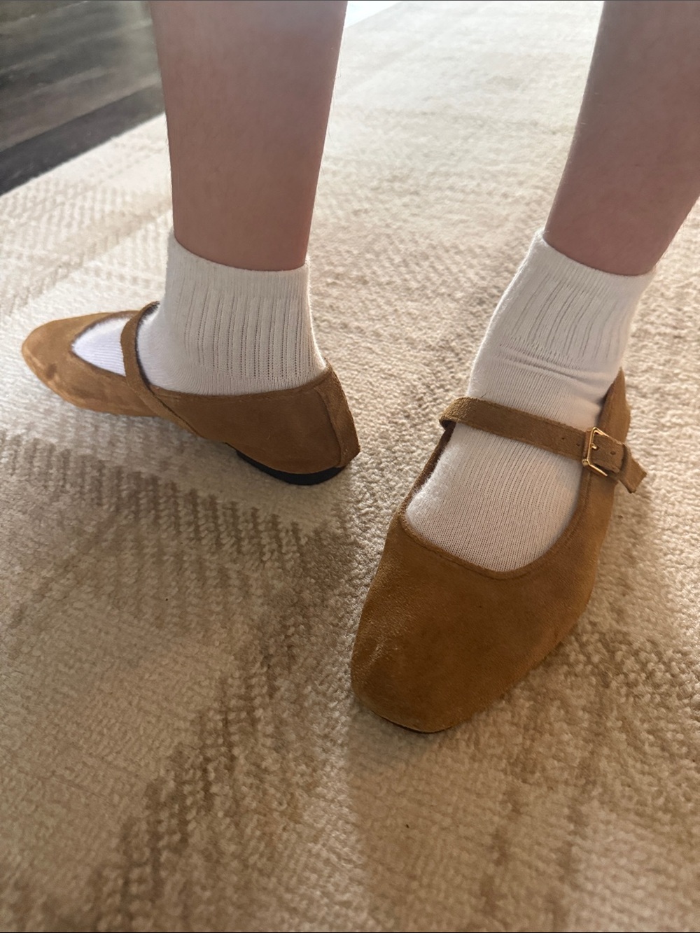 Zara Suede Mary Jane Flats in Tan Brown